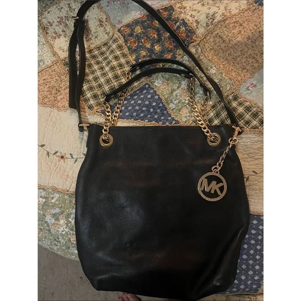 Michael Kors, black leather with gold chain strap,